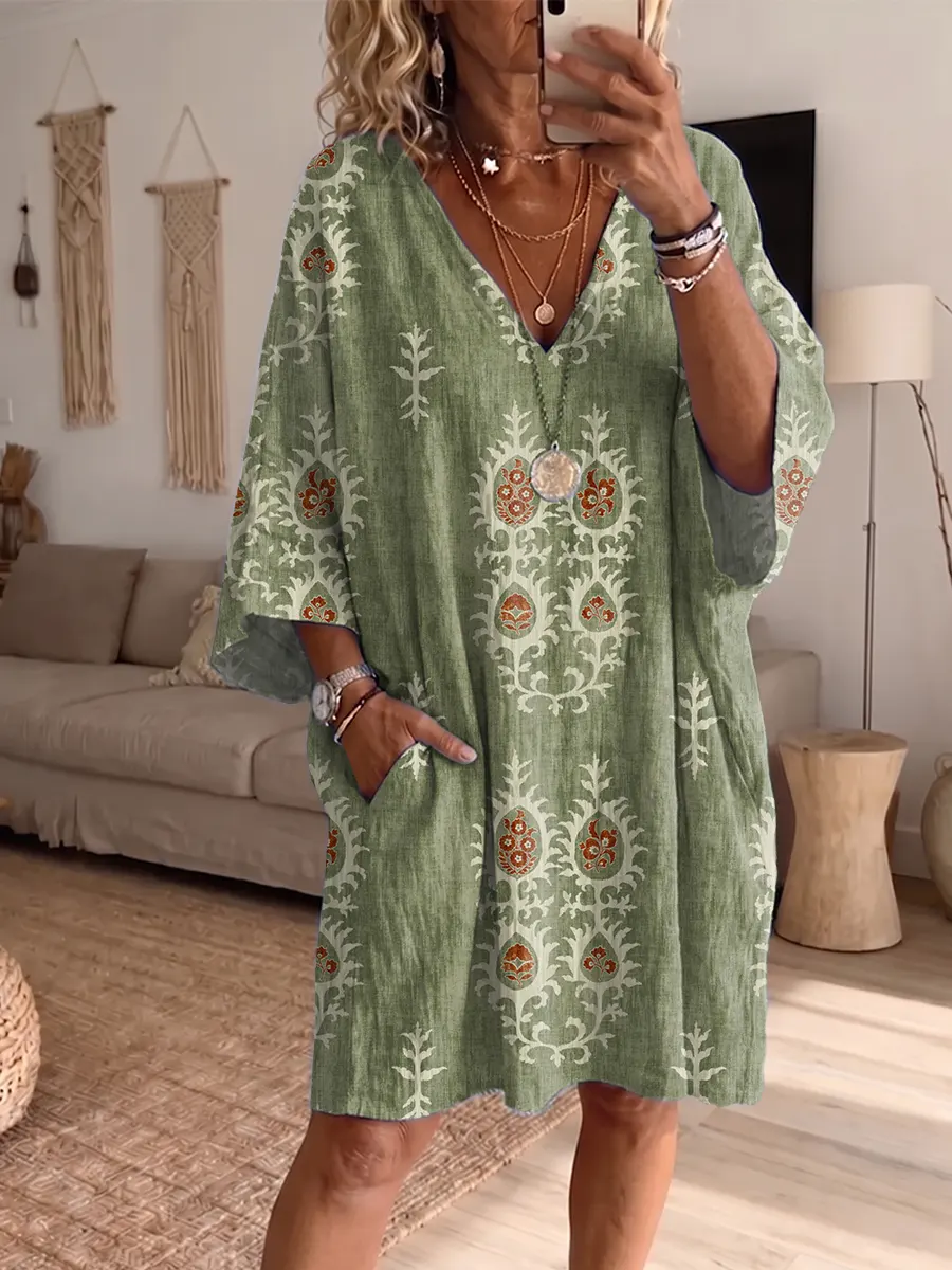 Ethnicity Totem Pattern Women's Art Print Casual Batwing Sleeve Dress With Pockets