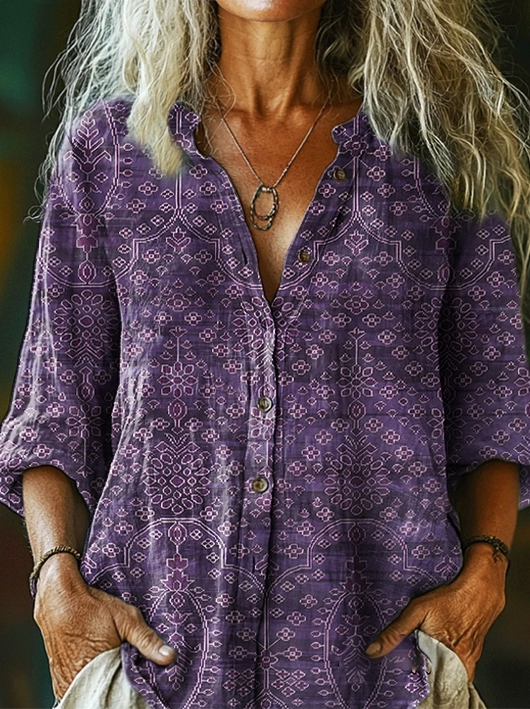 Women's Art Painting Purple Floral Vintage Print V-Neck Short Sleeve Dress