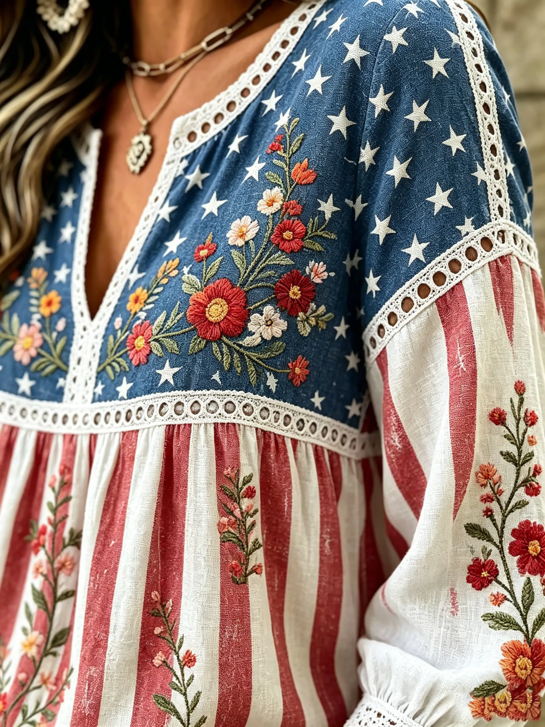 Women's American Flag Floral Lace Cotton Blouse