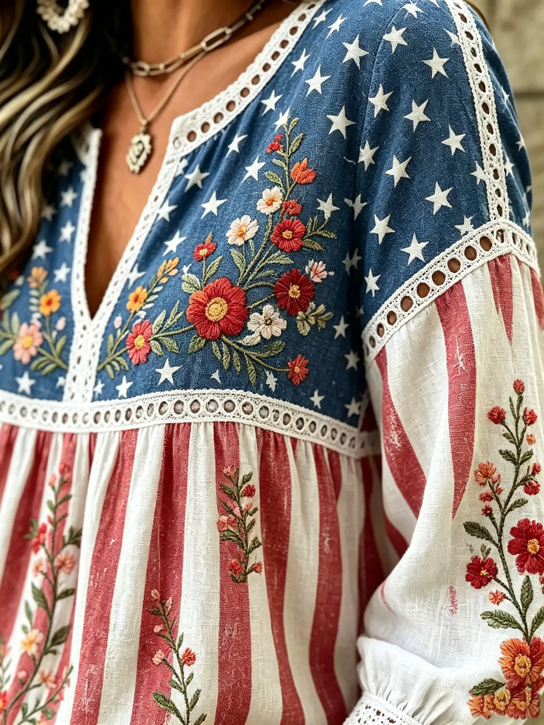 Women's American Flag Floral Lace Cotton Blouse