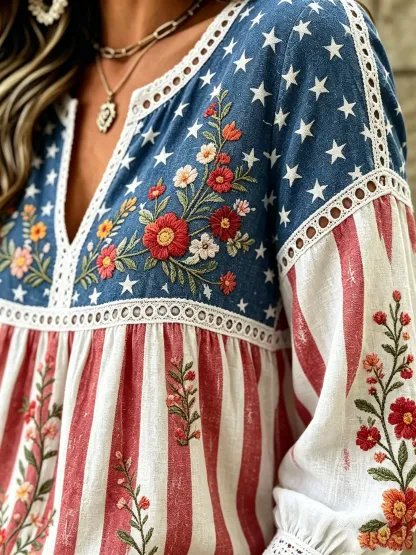 Women's American Flag Floral Lace Cotton Blouse