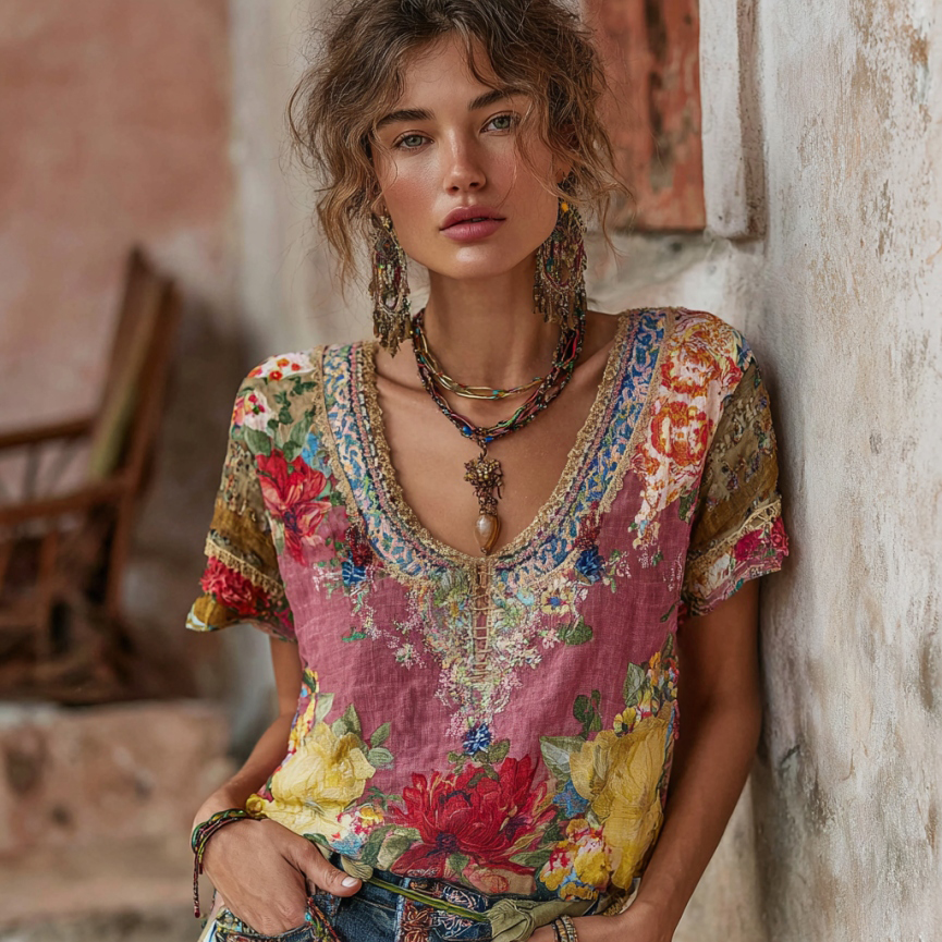Women's Vintage Bohemian Floral Embroidery Patchwork Art Round Neck Short Sleeve Linen Blend T-shirt