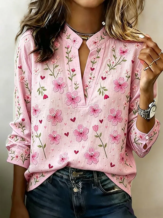 Women's casual retro floral art cotton linen shirt
