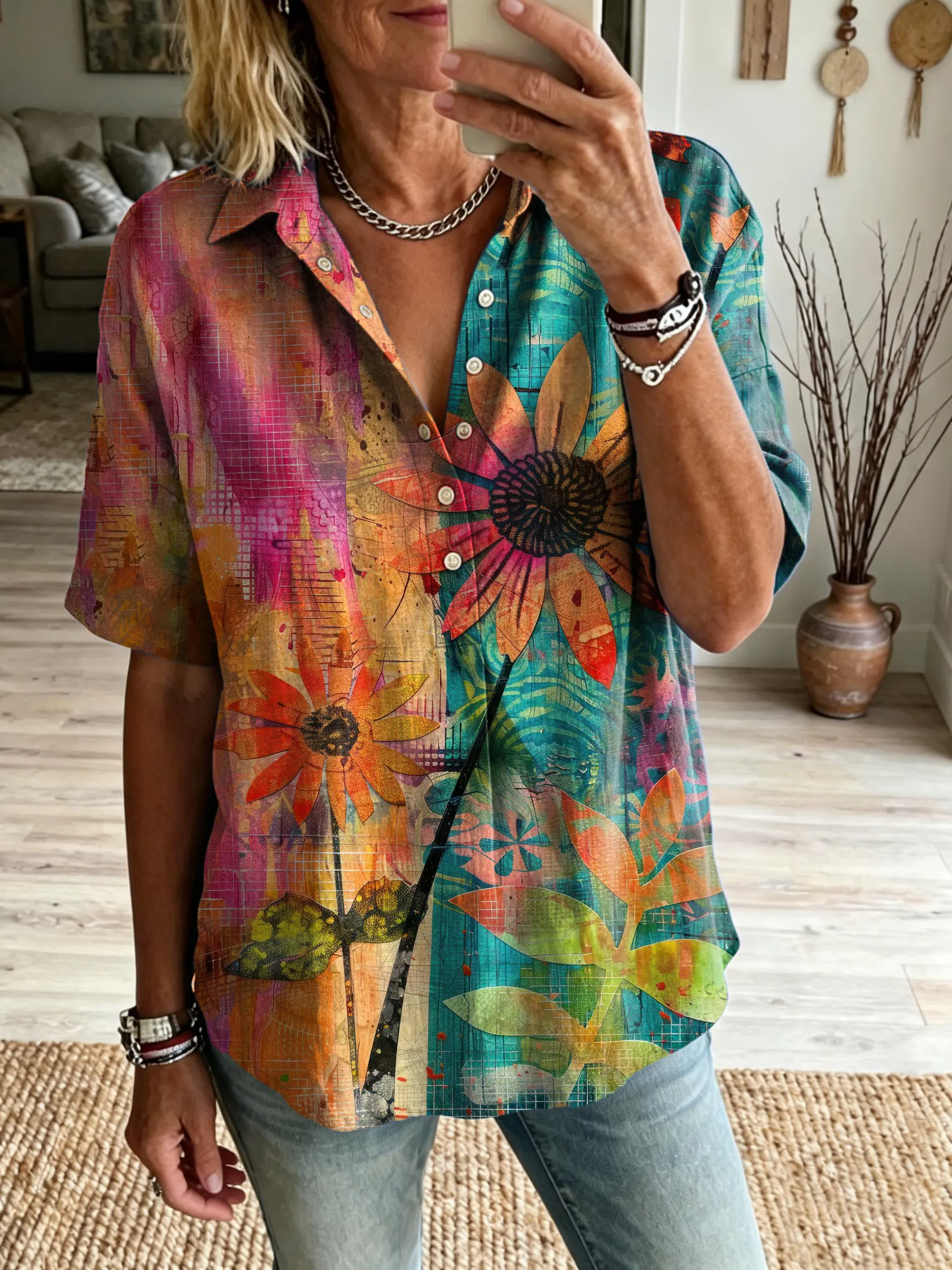 Women's Colorful Floral Art Print Lapel Short-Sleeve Henley Shirt
