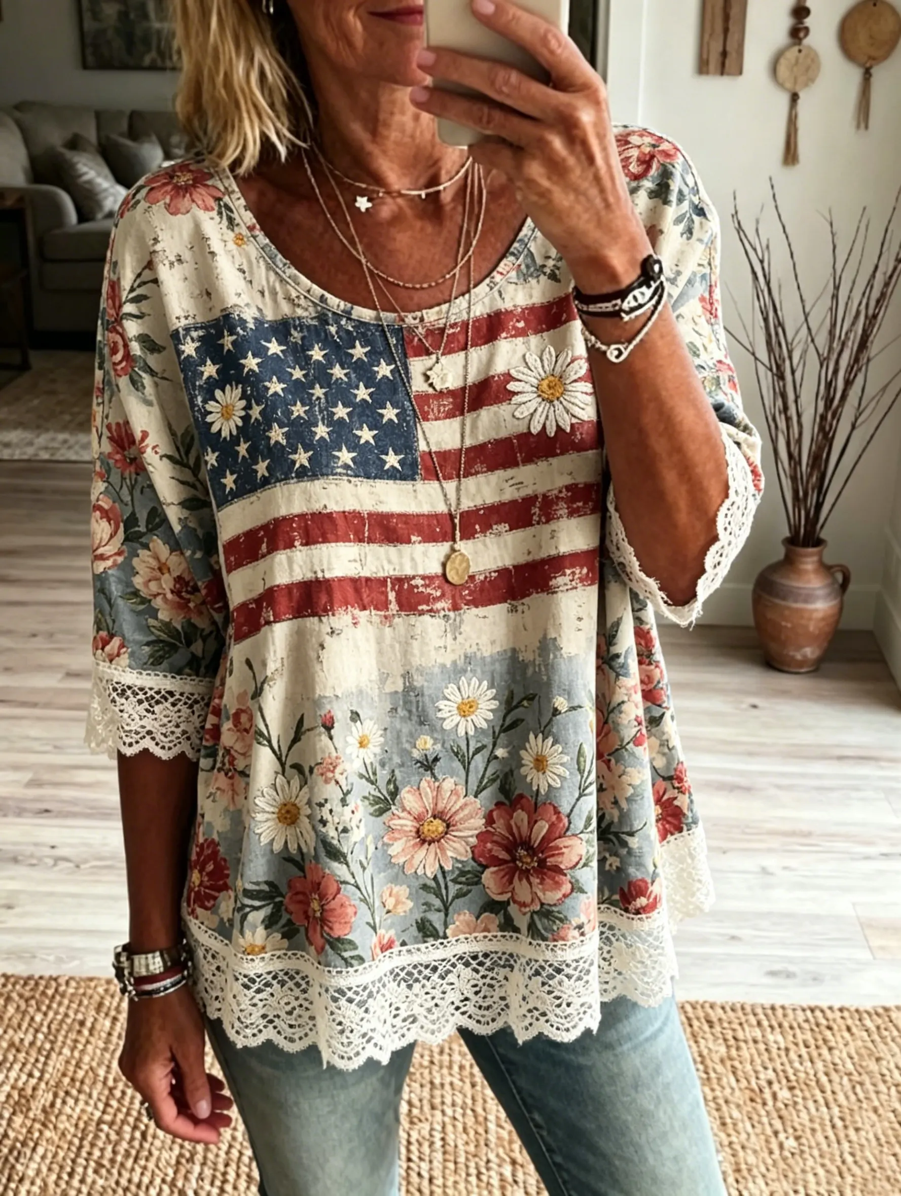 Women's Vintage American Flag Floral Print Lace Cotton Peplum Blouse