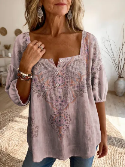 Women's Totem-inspired Vintage Floral Art Print Casual Square-neck Top