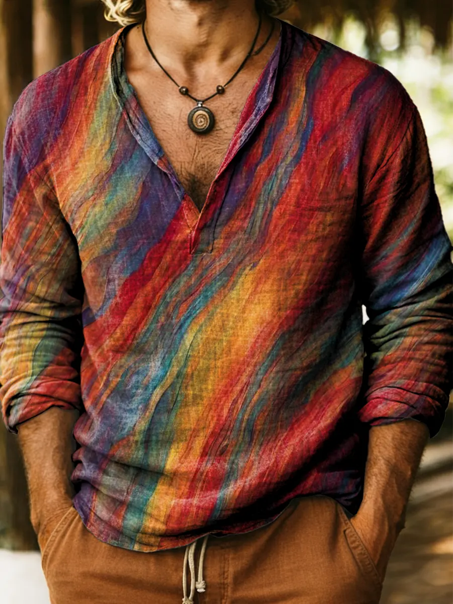 Vintage Tie Dye Art Print Cotton And Linen Casual Shirt