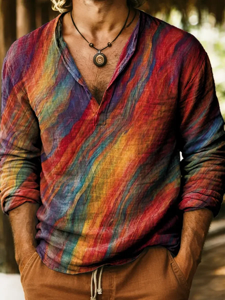 Vintage Tie Dye Art Print Cotton And Linen Casual Shirt
