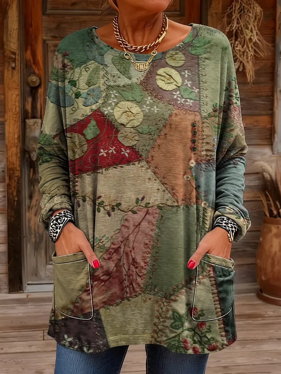 Women's Retro Floral Patchwork Art Print Casual Round Neck Tunic Top