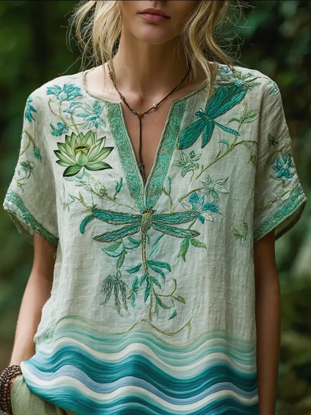 Bohemian Style  Flower Vintage V-neck Short-sleeved Shirt