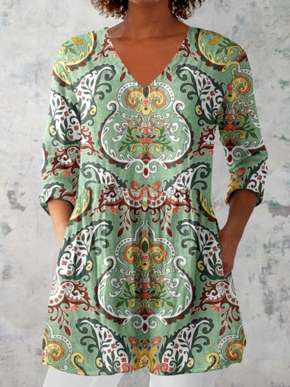 Women's Classic Retro Round Neck Floral Pattern Cotton and Linen Top