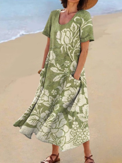 Women's Vintage Floral Art Print Casual Cotton Linen Pocket Dress