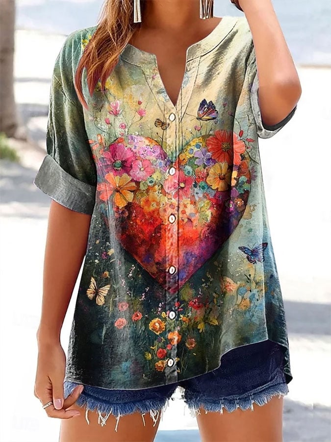 Women's Floral Print Button-Down V-Neck Casual Shirt