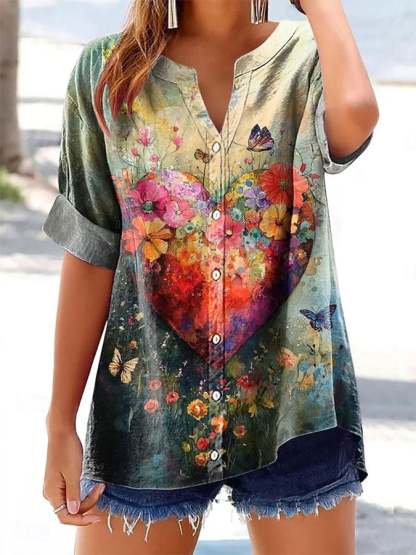 Women's Floral Print Button-Down V-Neck Casual Shirt