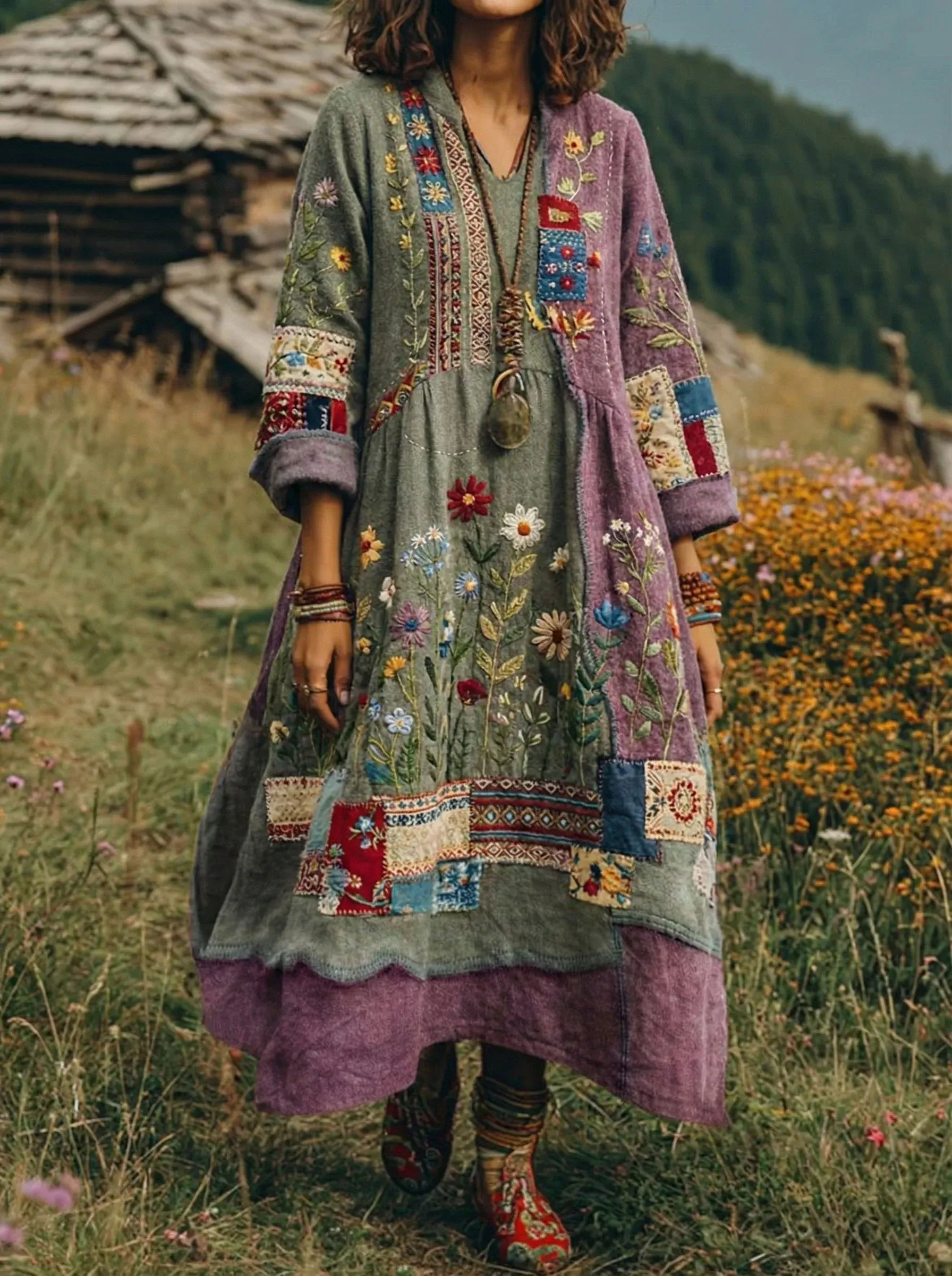 Women's Retro Ethnic Floral Color-Blocked Art Print Casual Long-Sleeve V-Neck Side Pocket Cotton Linen Dress