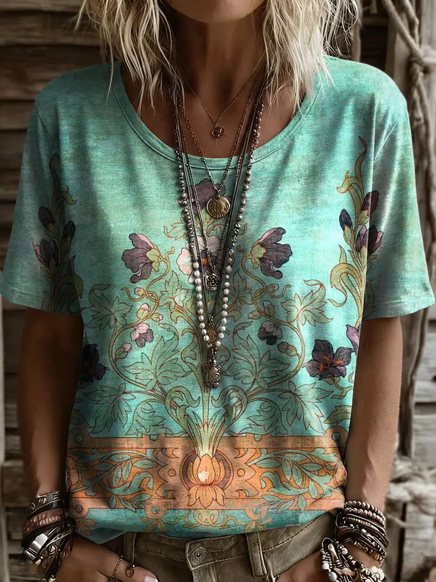 Women's Vintage European Floral Print Short Sleeve Casual T-Shirt