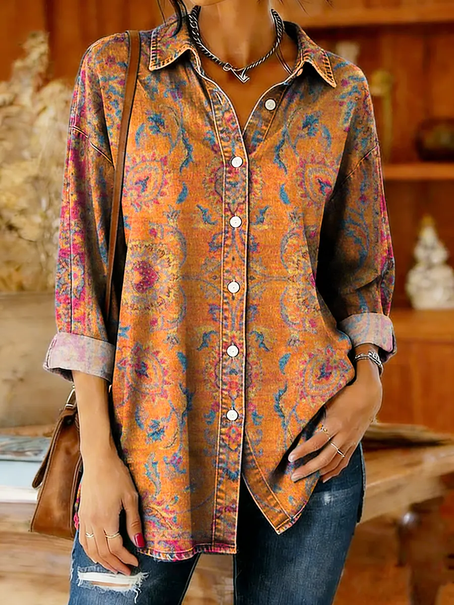 Women's Ethnic Totem Art Print Casual Denim Cotton Shirt
