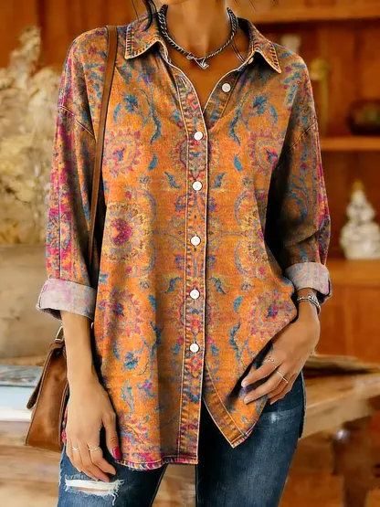 Women's Ethnic Totem Art Print Casual Denim Cotton Shirt