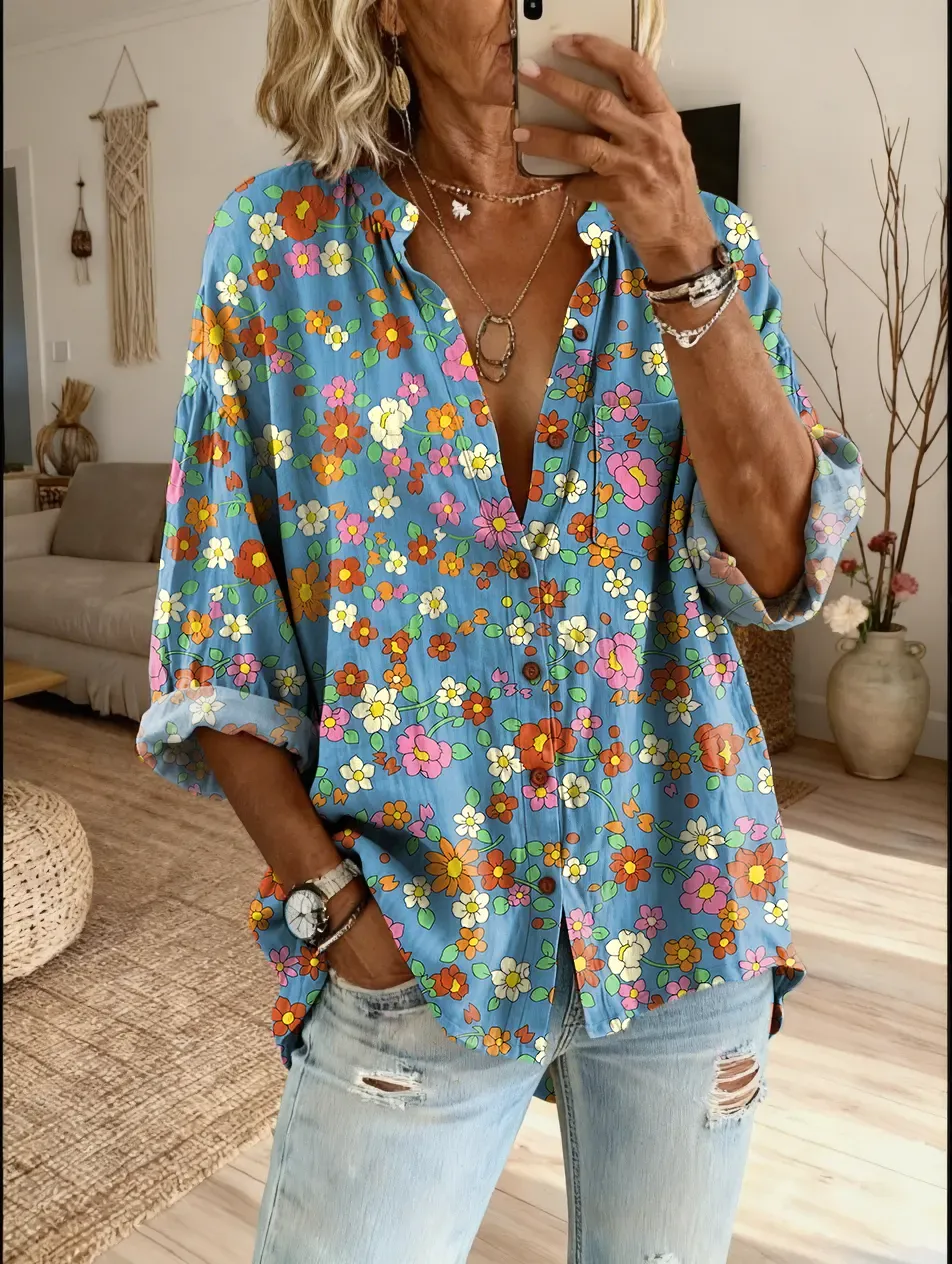 Ethnicity Bohemian Flowers Women's Vintage Art Print Casual Cotton And Linen Shirt