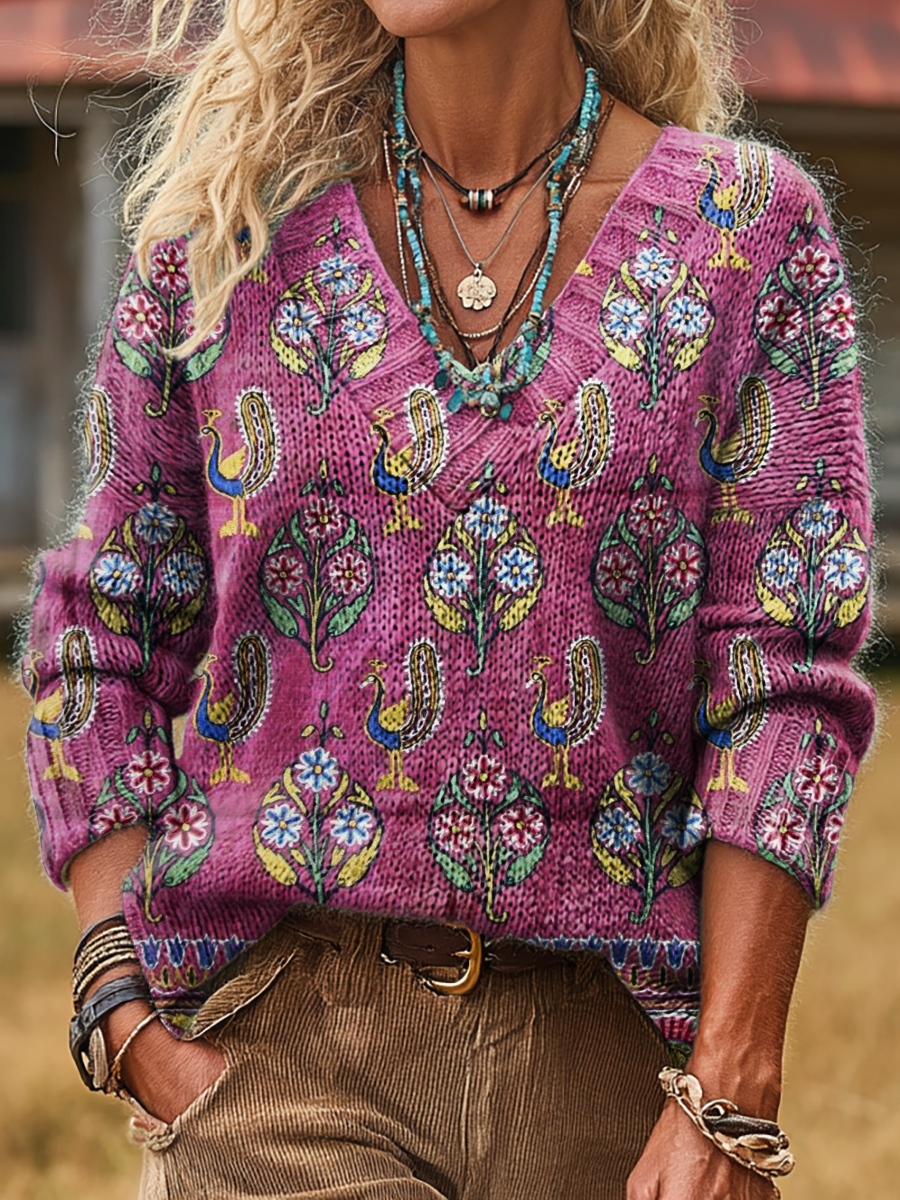 Women's Ethnic Totem Art Print Comfortable V-Neck Knit Sweater