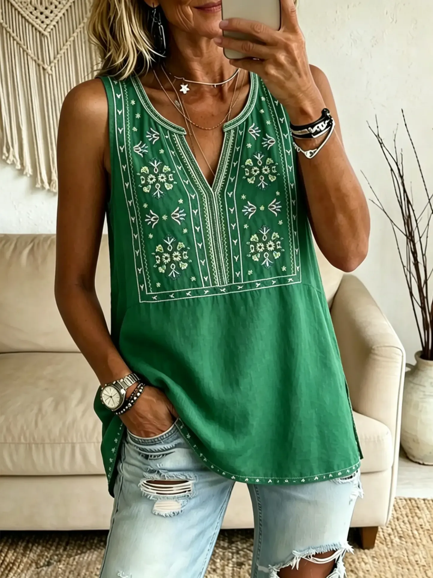 Women's Ethnic Geometric Floral V-Neck Sleeveless Tank Top