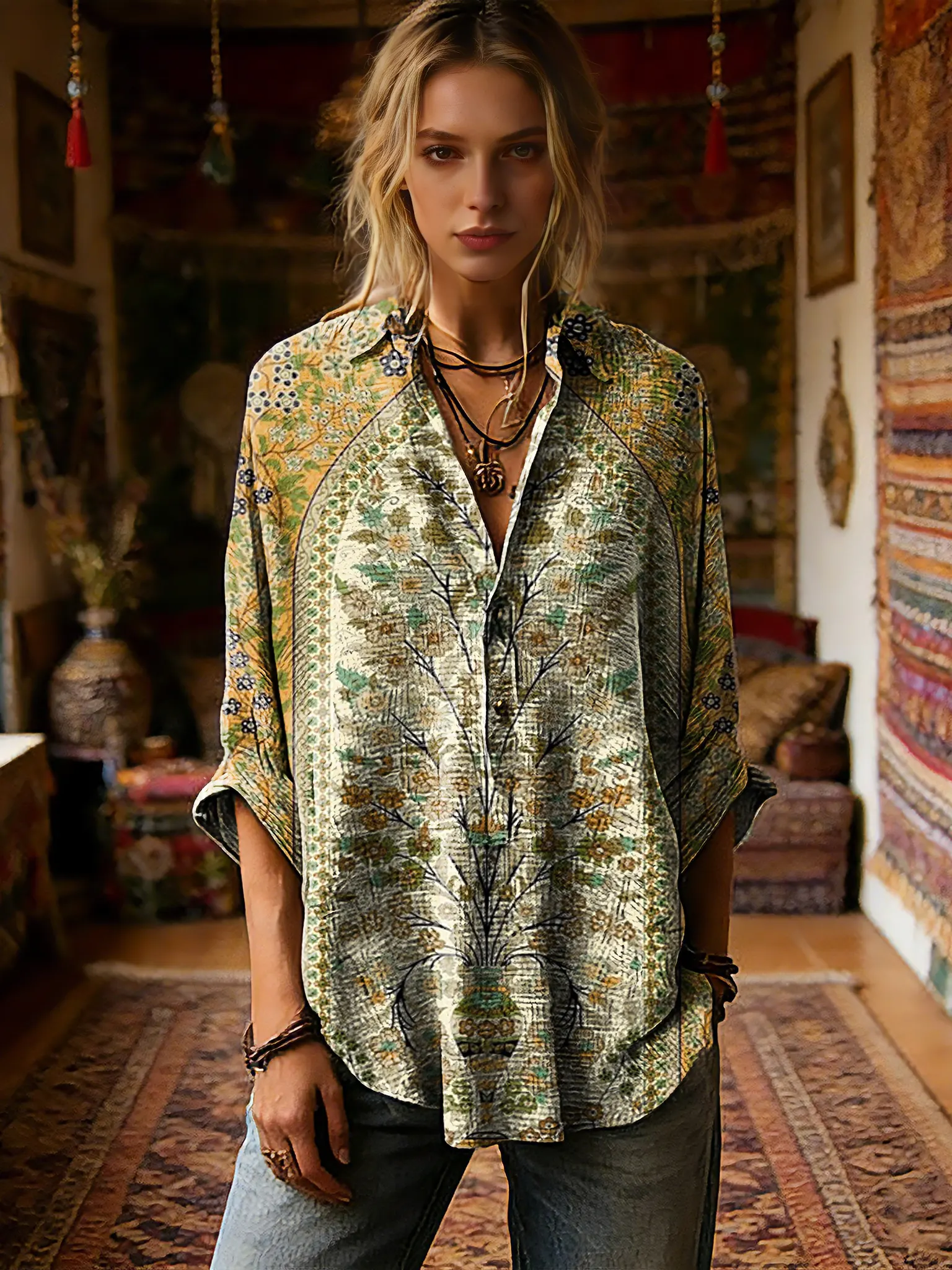 Women's Vintage Ethnic Floral Pattern Art Print Casual Long-sleeve Shirt