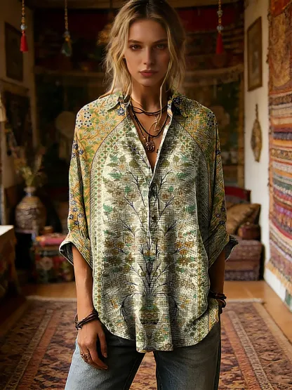 Women's Vintage Ethnic Floral Pattern Art Print Casual Long-sleeve Shirt