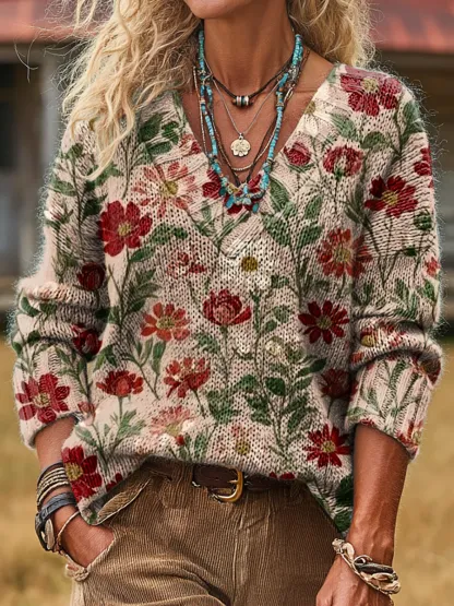 Unisex Retro Floral Art Print Casual Long-Sleeve V-Neck Wool Blend Knit Sweater