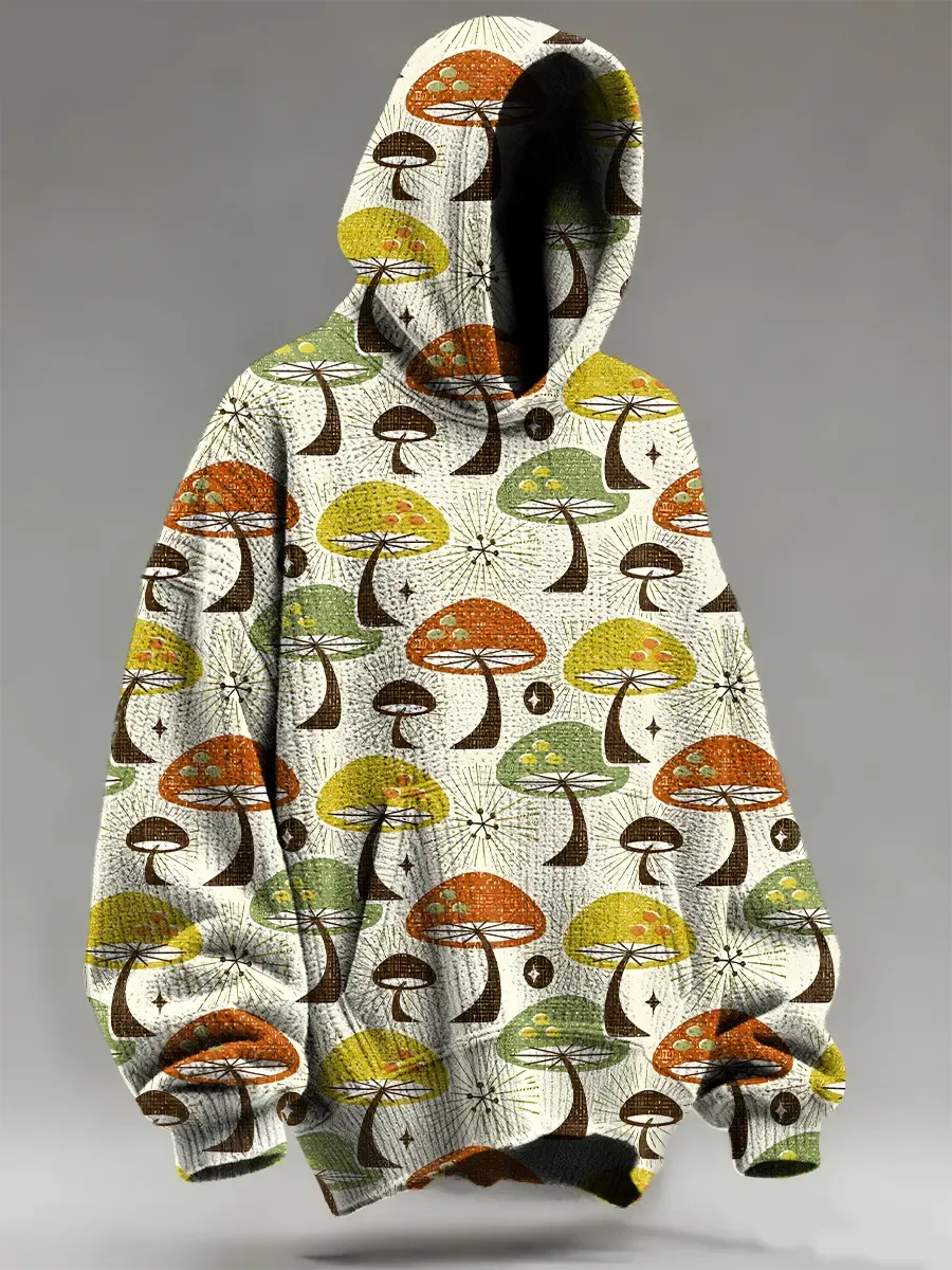 Retro Multicolored Mushrooms Art Print Knit Pullover Hooded Sweater