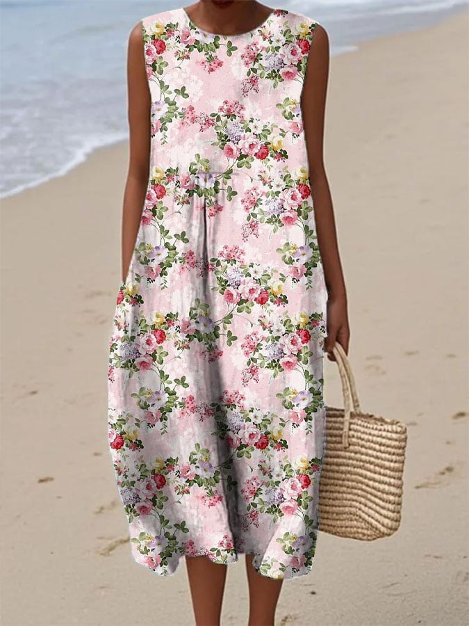 Women's Vintage Floral Art Print Linen Tank Midi Dress(With Pockets)