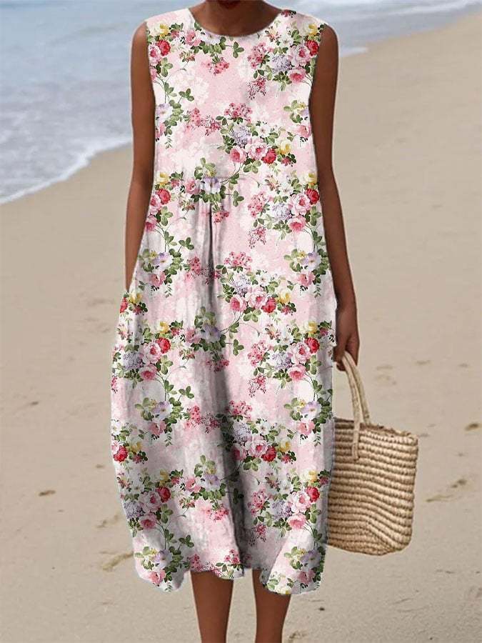 Women's Vintage Floral Art Print Linen Tank Midi Dress(With Pockets)