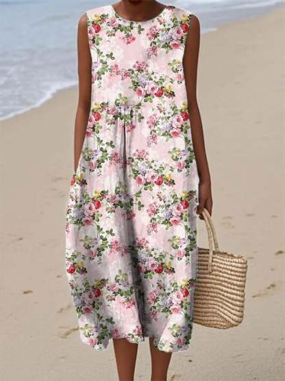 Women's Vintage Floral Art Print Linen Tank Midi Dress(With Pockets)