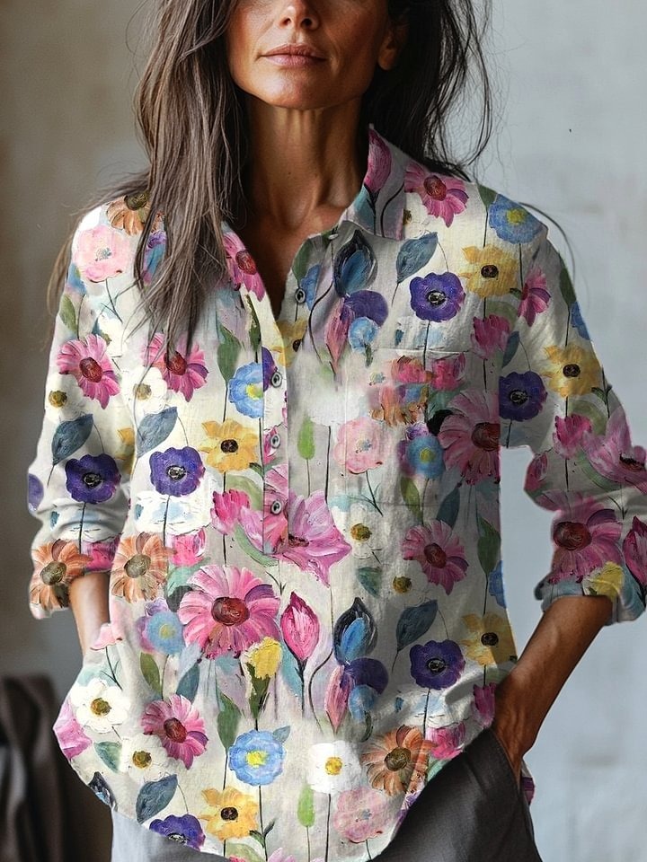 Women's Vintage Floral Art Print Casual Cotton And Linen 3/4 Sleeve Shirt