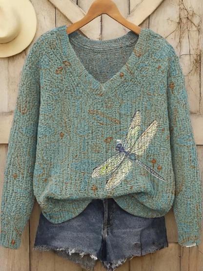 Women's Vintage Mushroom Dragonfly Art Pattern Print Casual V-neck Pullover Knit Top