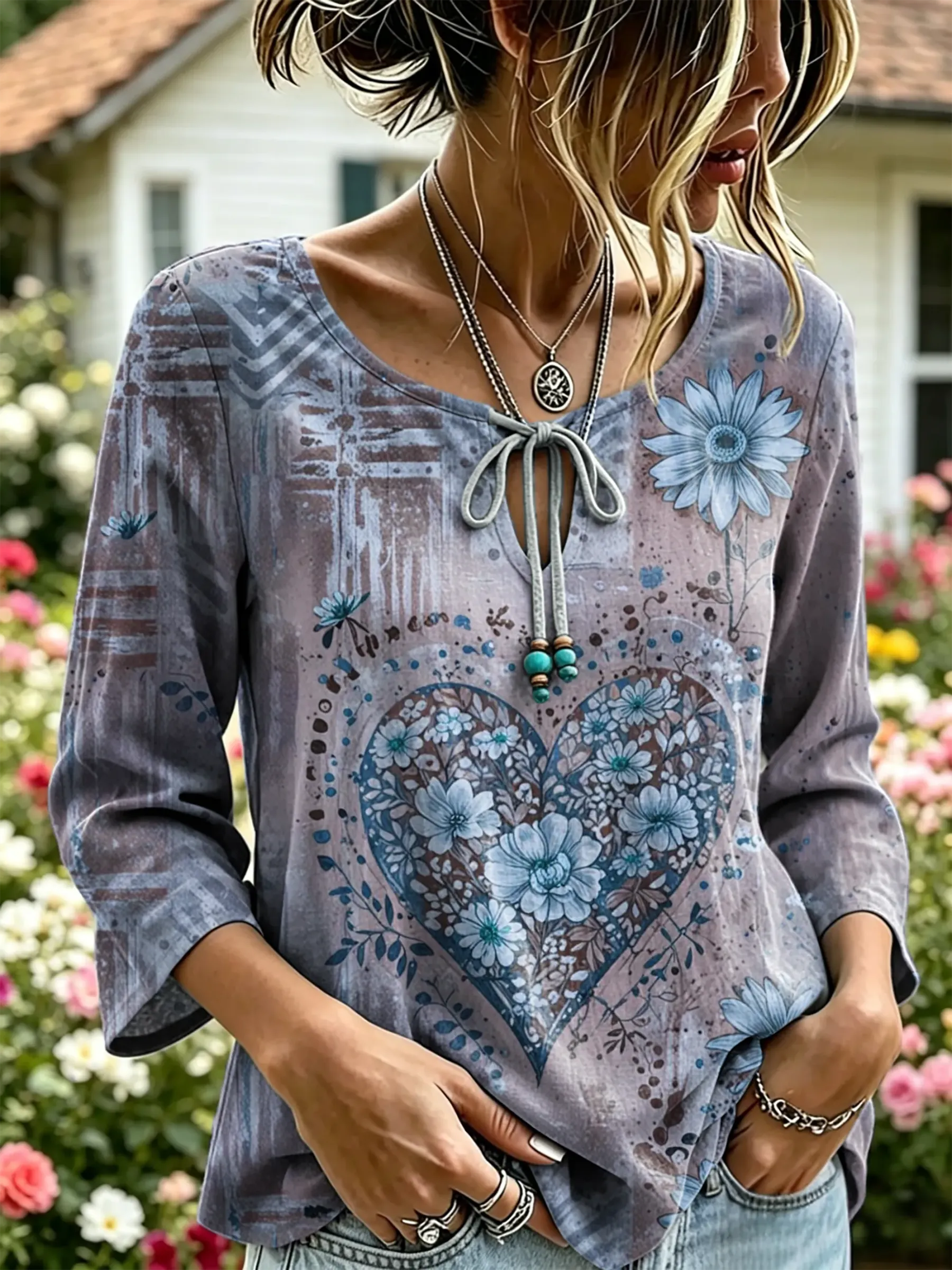 Women's Vintage Heart Floral Print Tie-Neck 3/4 Sleeve Top