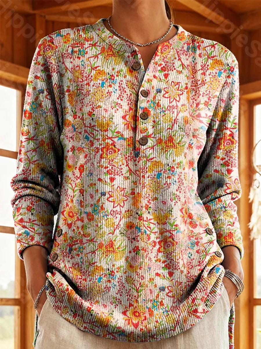 Women's Colorful Vintage Floral Art Print Casual Cotton Shirt