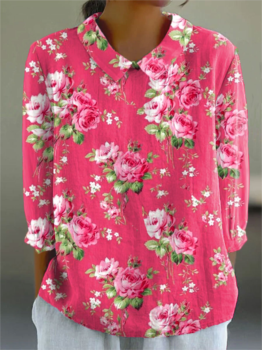 Women's Vintage Floral Art Print Casual Cotton And Linen 3/4 Sleeve Sh