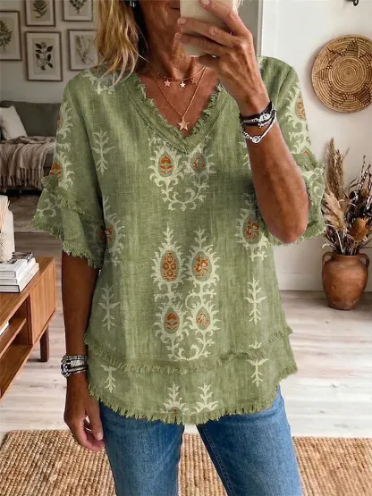 Ethnicity Totem Pattern Women's Art Casual Patchwork V Collar Shirt