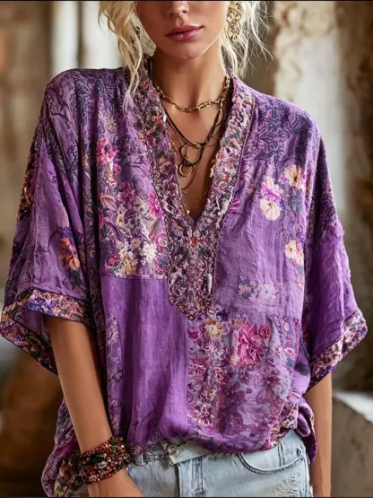 Women's Boho Floral Art Print Cotton V-Neck Blouse