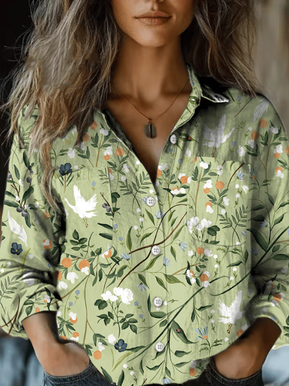 Women's Forest Floral Print Double Pocket Casual Shirt