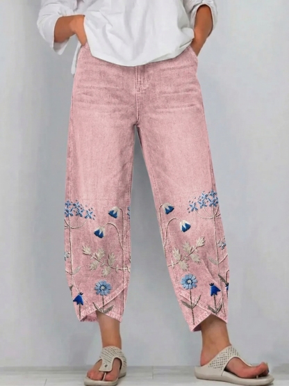 Ethnicity Bohemia Flowers Women's Art Pattern Print Casual Denim Cotton Pants