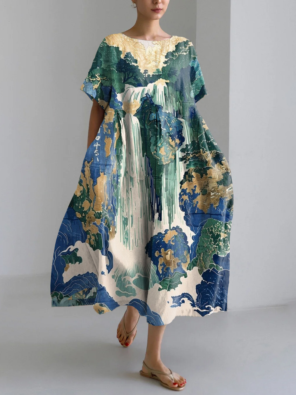 Traditional Hokusai Ukiyo-e Blue green Japanese Waterfall Art Print Linen Blend Maxi Dress