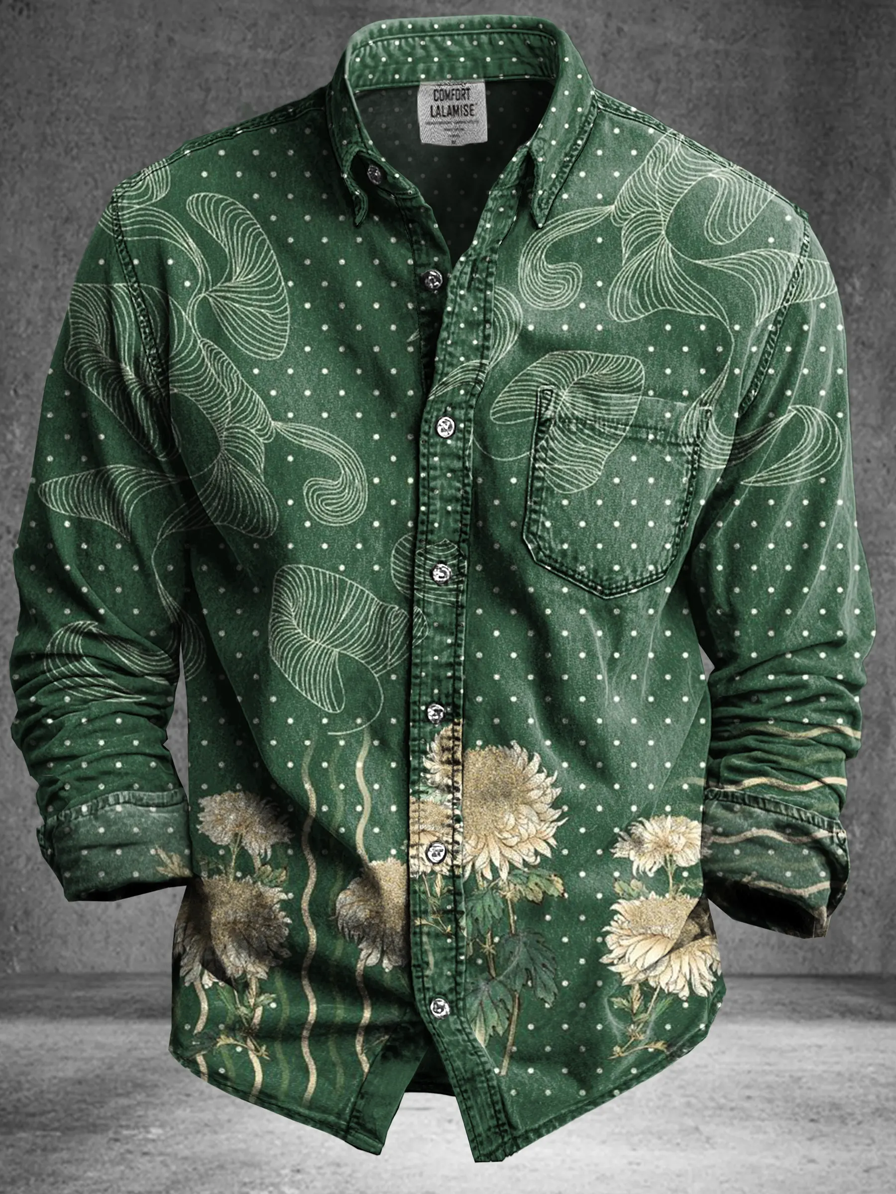 Vintage Abstract Green Floral Totem Art Print 100% Cotton Long Sleeve Shirt