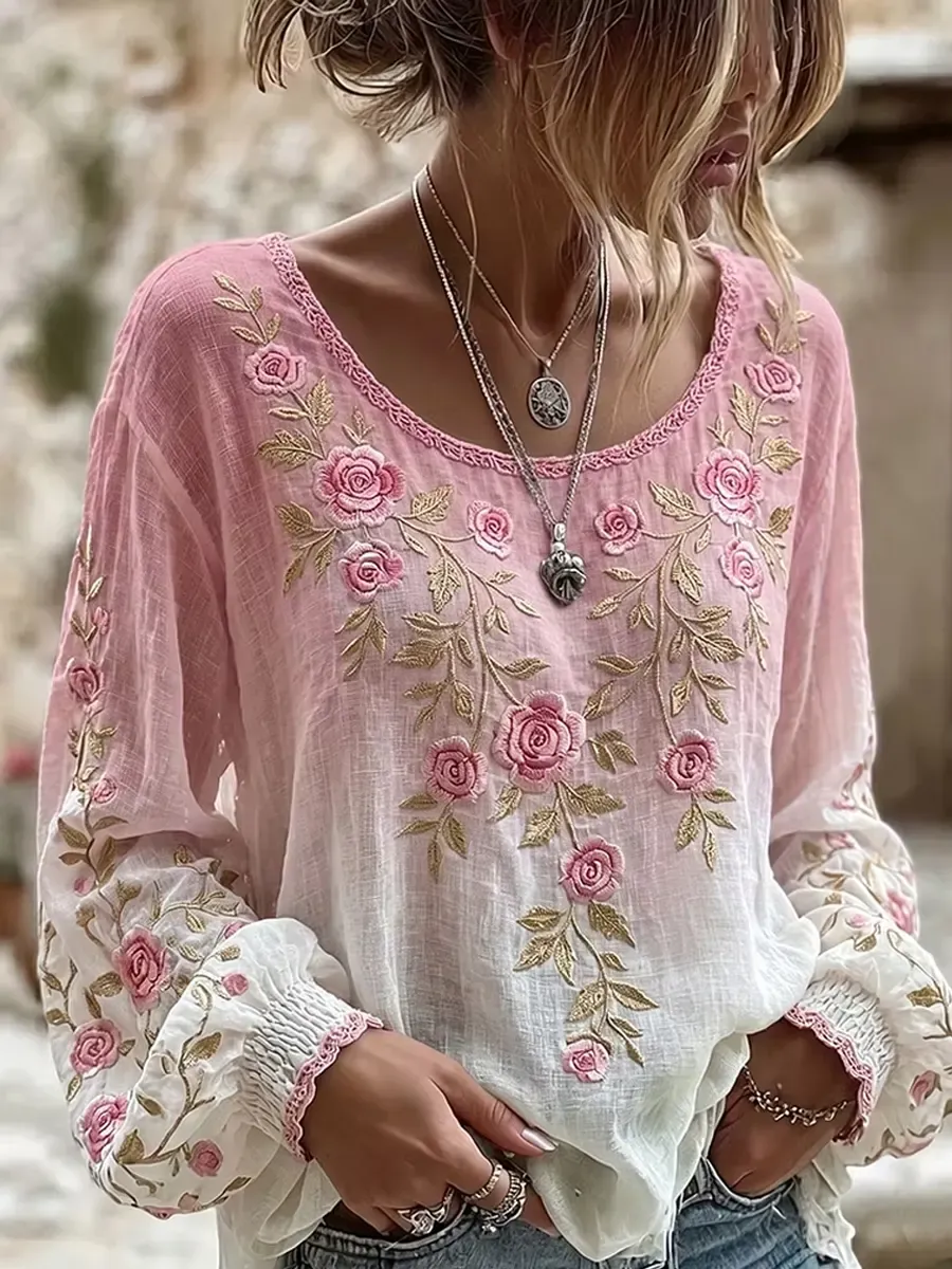 Women's Ombre Rose Print Long Sleeve Blouse