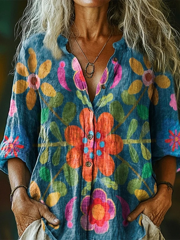 Women's Bohemian Floral Art Print Casual Cotton Linen Shirt