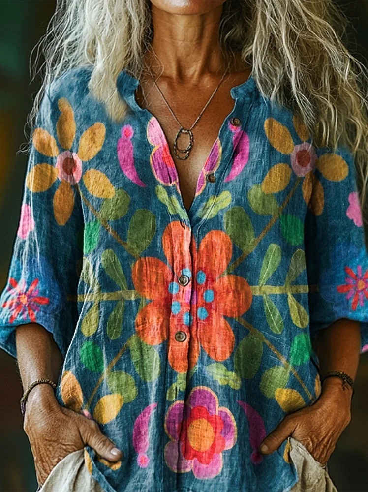 Women's Bohemian Floral Art Print Casual Cotton Linen Shirt