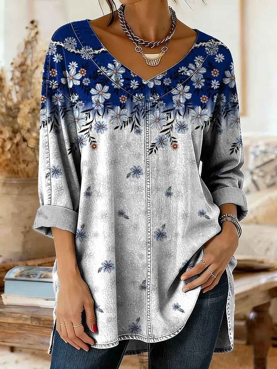 Women's Vintage Floral Petal Art Print Casual V-neck Long-sleeved Wash