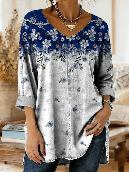 Women's Vintage Floral Petal Art Print Casual V-neck Long-sleeved Washed Denim Shirt
