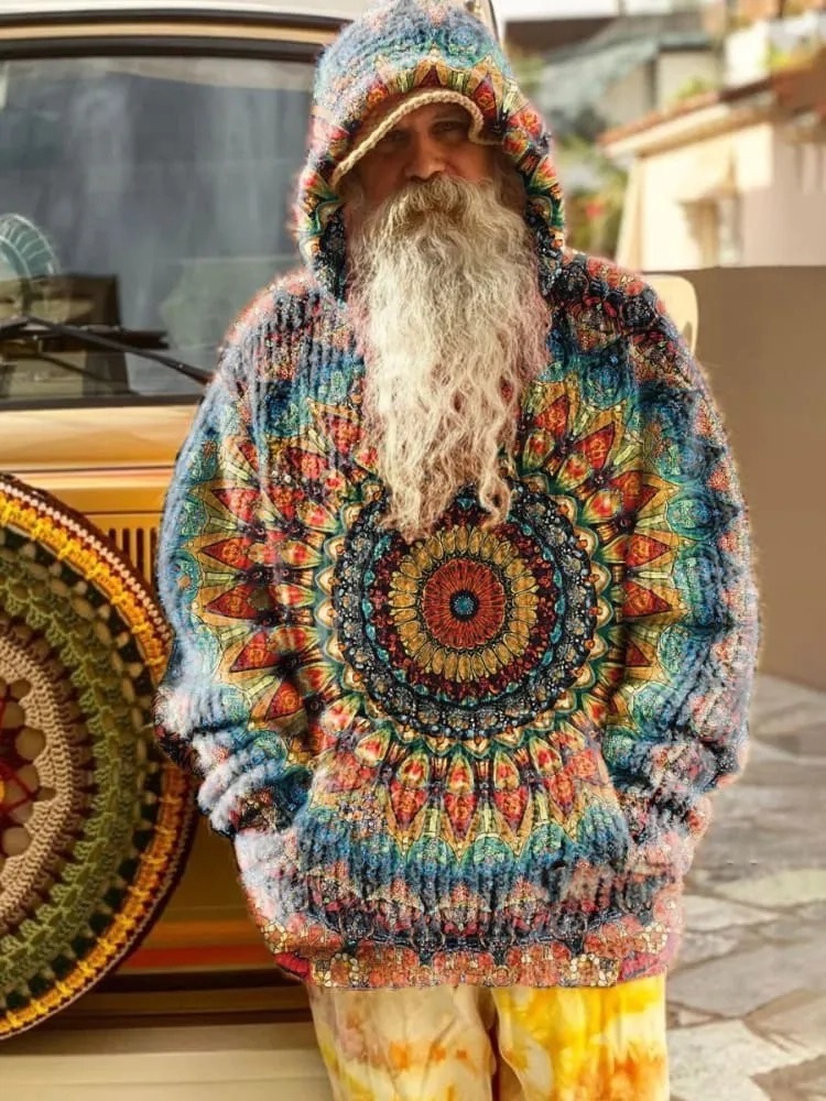 Retro Ethnic Totem Pattern Love and Peace Art Print Knit Pullover Hooded Sweater