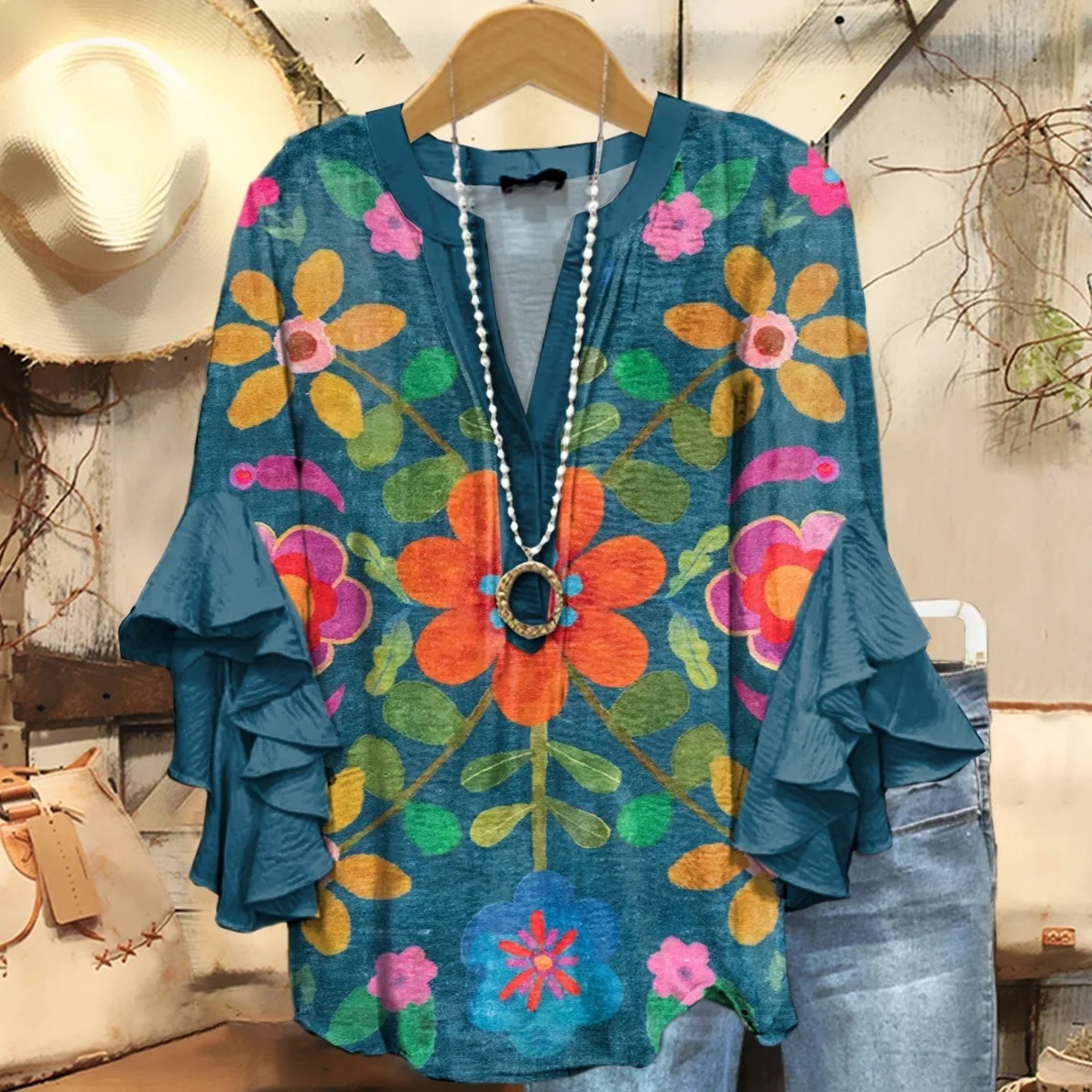 Women's Bohemian Floral Art Print Casual Cotton Linen Shirt